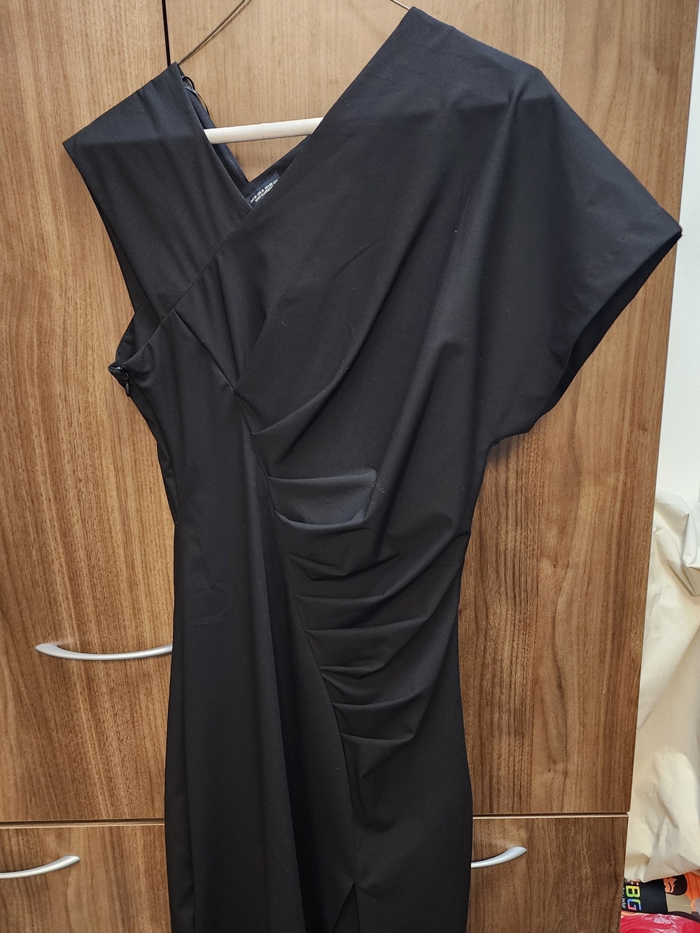 Zara Black Asymmetrical Draped One-Shoulder Dress